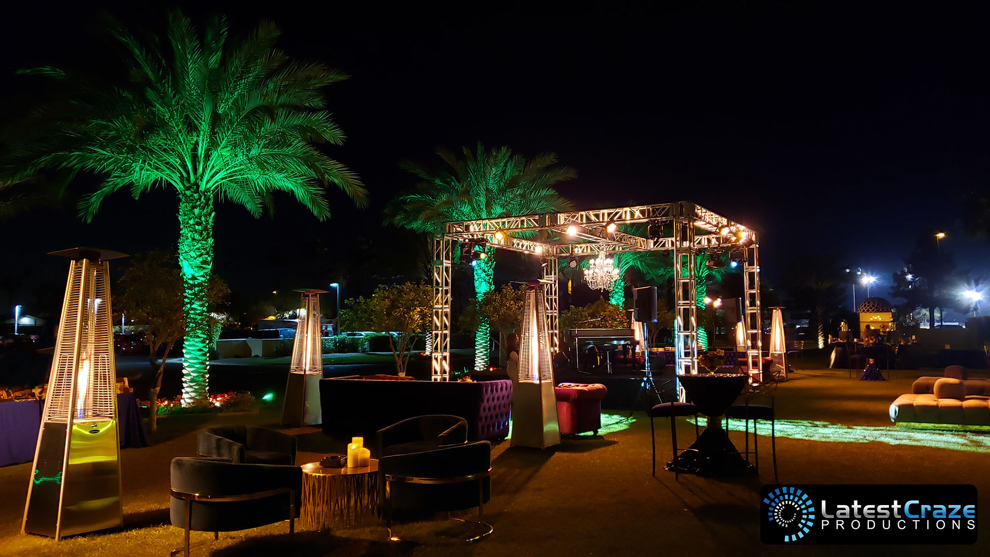 lighted four legged truss system green uplighting palm trees phoenix Latest Craze Productions