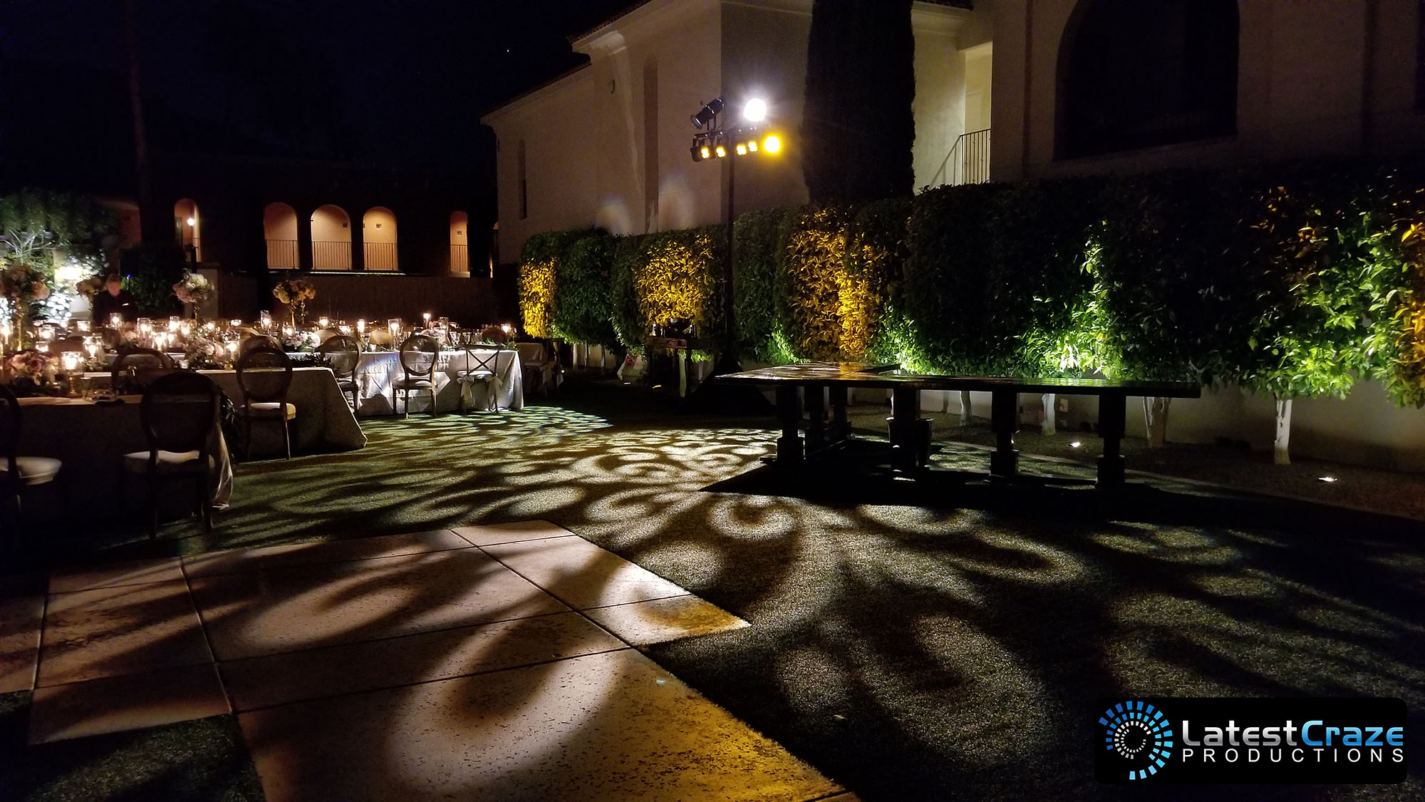 pattern gobo on ground outdoor night event lighting montelucia Latest Craze Productions